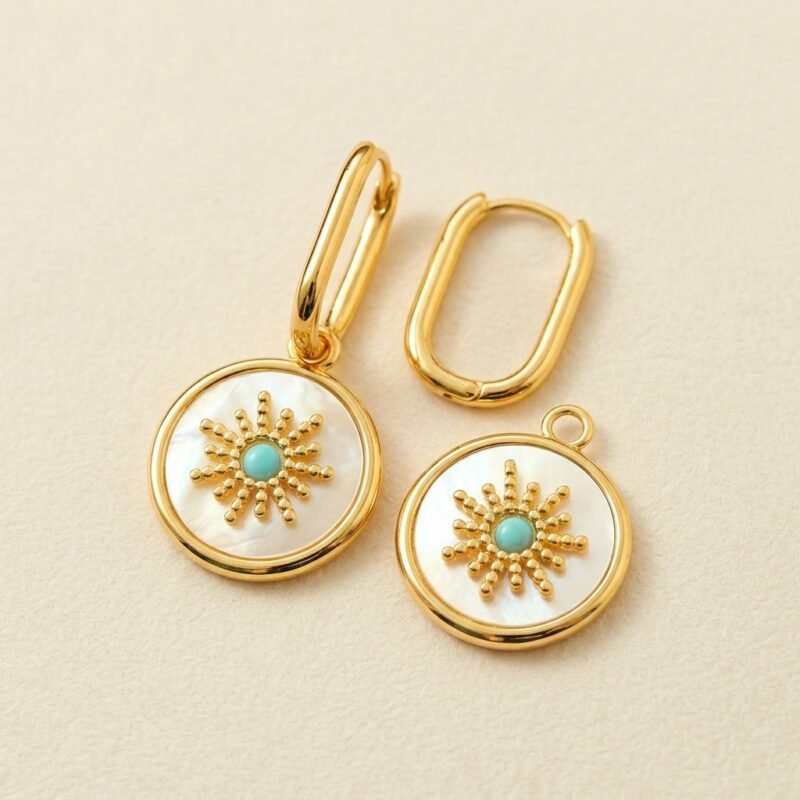 18K Gold Plated Mother of Pearl Earrings — Celestial Sunburst Charm 18K Gold Plated Mother of Pearl Earrings — Celestial Sunburst Charm