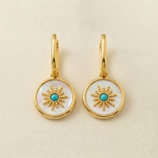 18K Gold Plated Mother of Pearl Earrings — Celestial Sunburst Charm