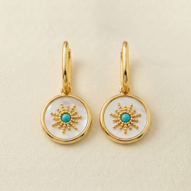 18K Gold Plated Mother of Pearl Earrings — Celestial Sunburst Charm 18K Gold Plated Mother of Pearl Earrings — Celestial Sunburst Charm