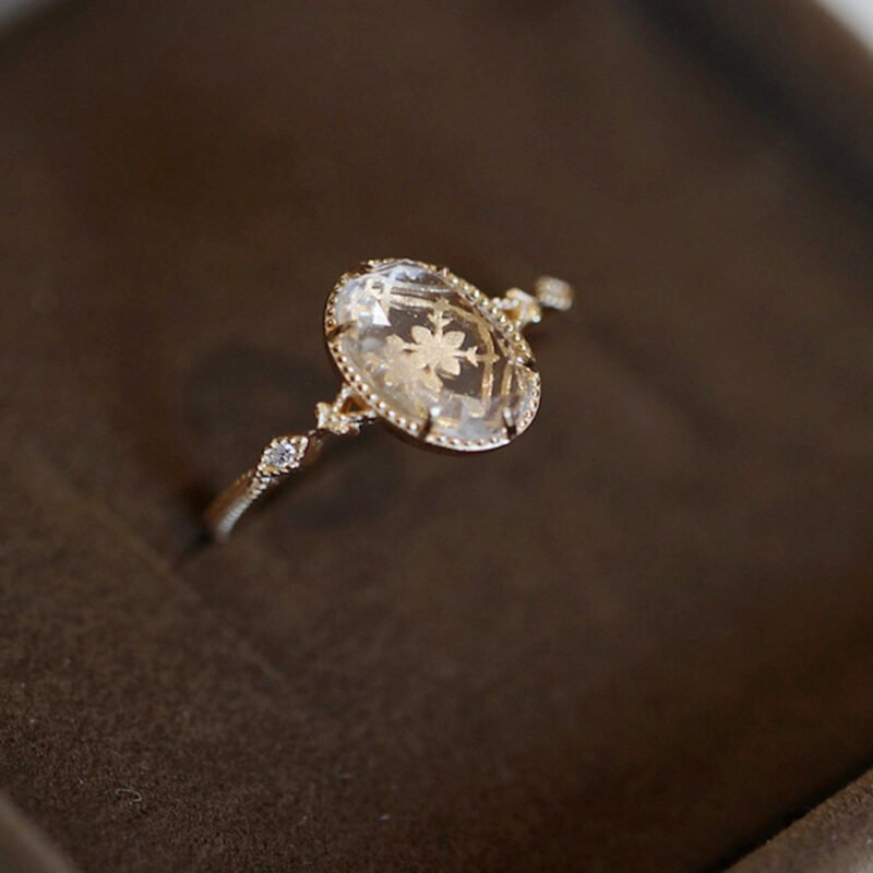 Ring Crystal Quartz - Carved Crystal Rose, gold