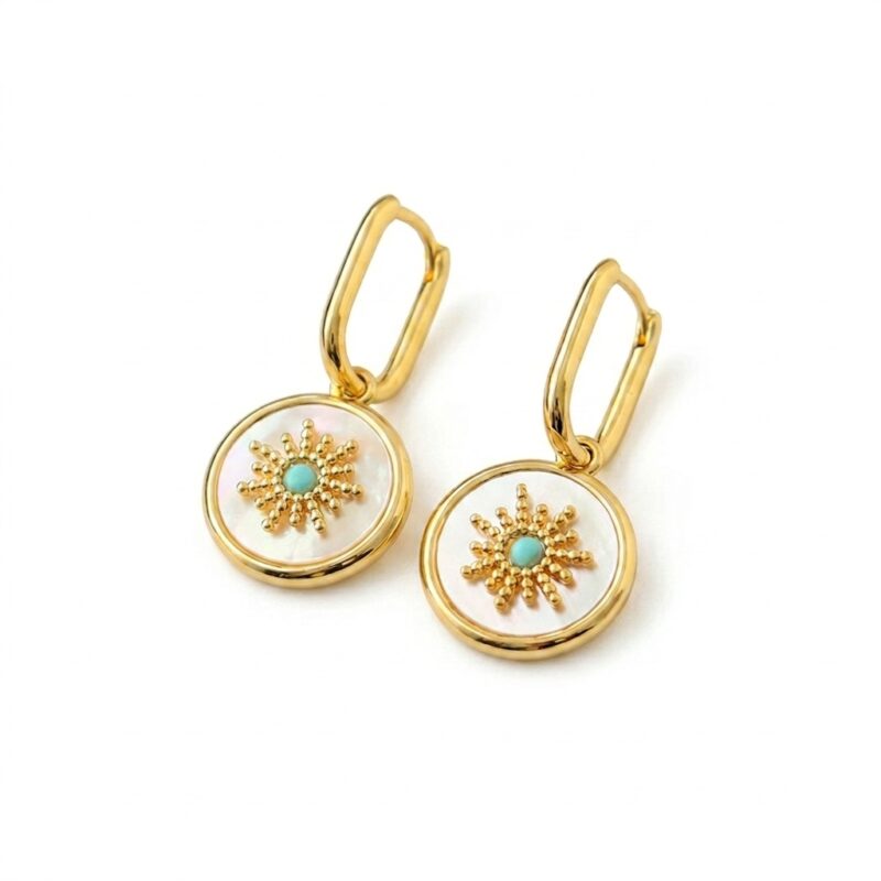 18K Gold Plated Mother of Pearl Earrings — Celestial Sunburst Charm