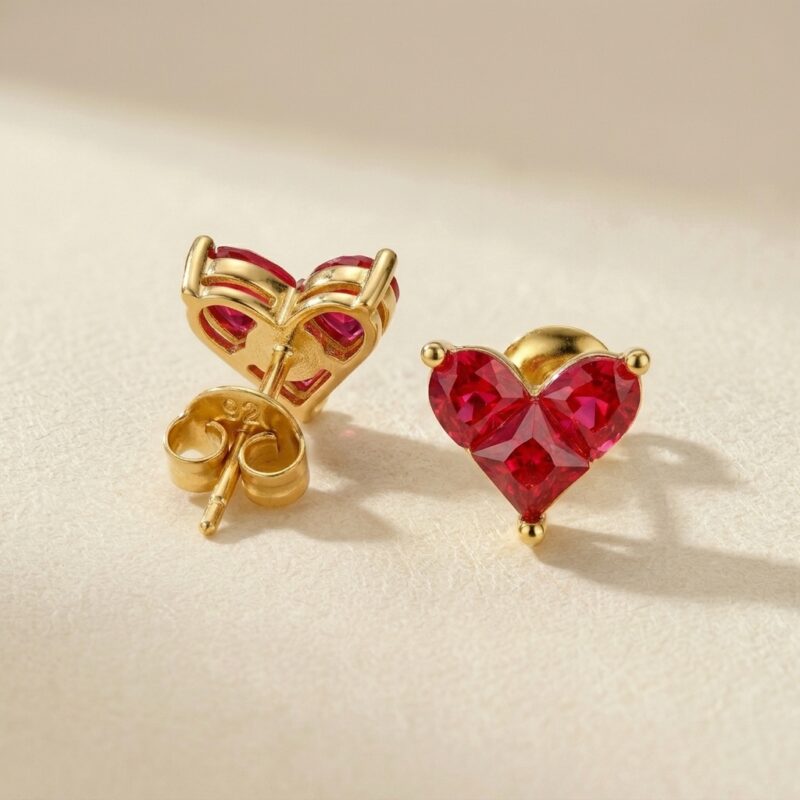 18K Gold Plated Red Corundum — Heart Stud Earrings