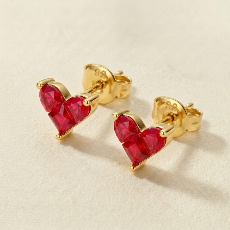 18K Gold Plated Red Corundum — Heart Stud Earrings