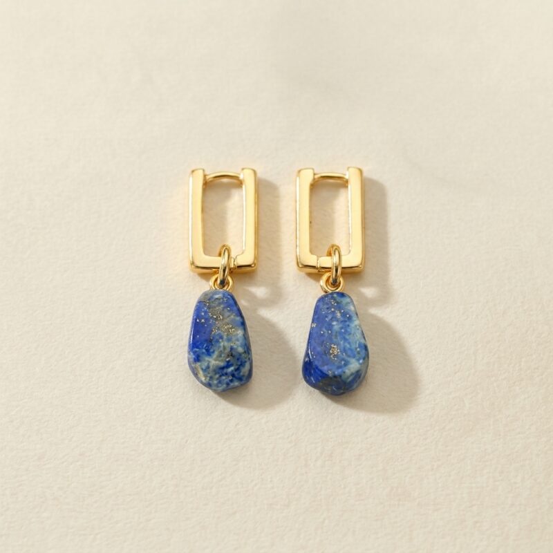 18K Gold Plated Lapis Lazuli Rectangular Hoop Earrings — Natural Stone Statement