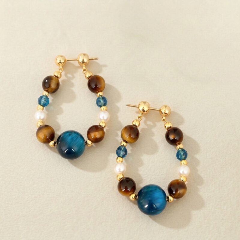S925 Silver Needle Tiger Eye Pearl — Vintage Bohemian Hoop Earrings