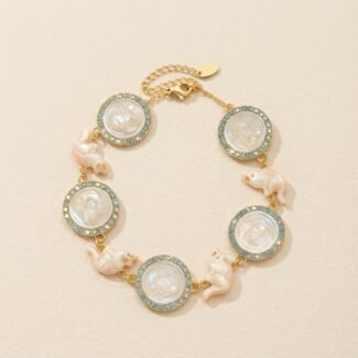 18K Gold Plated Cameo Cat Bracelet - Vintage Enamel