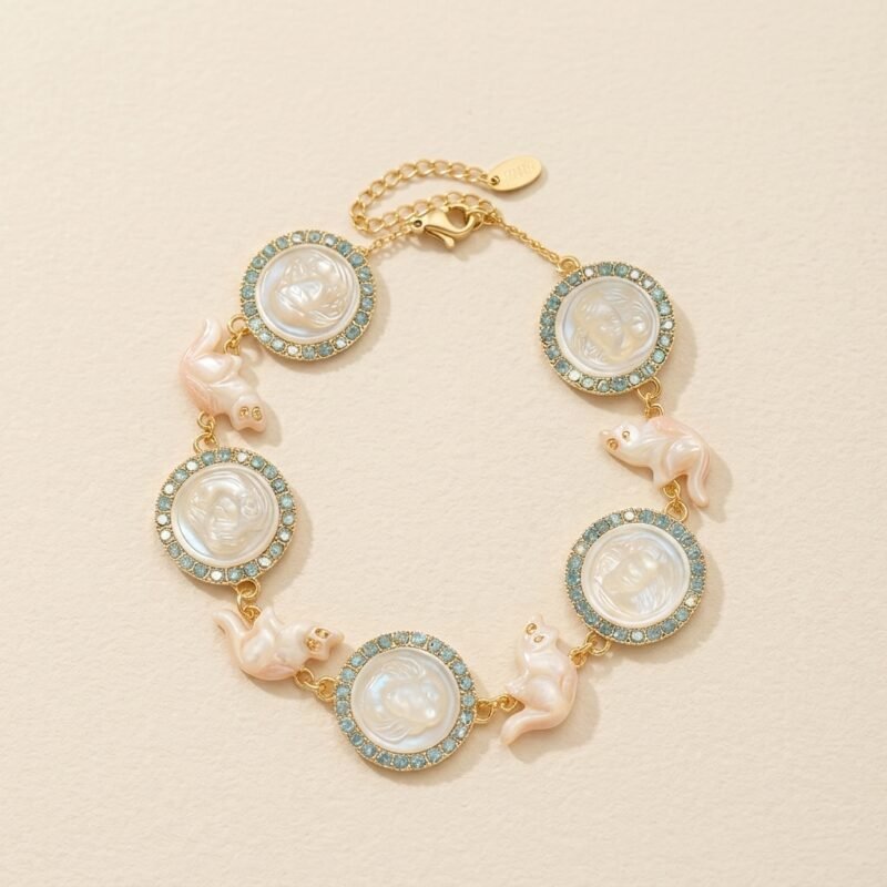 18K Gold Plated Cameo Cat Bracelet - Vintage Enamel 18K Gold Plated Cameo Cat Bracelet - Vintage Enamel