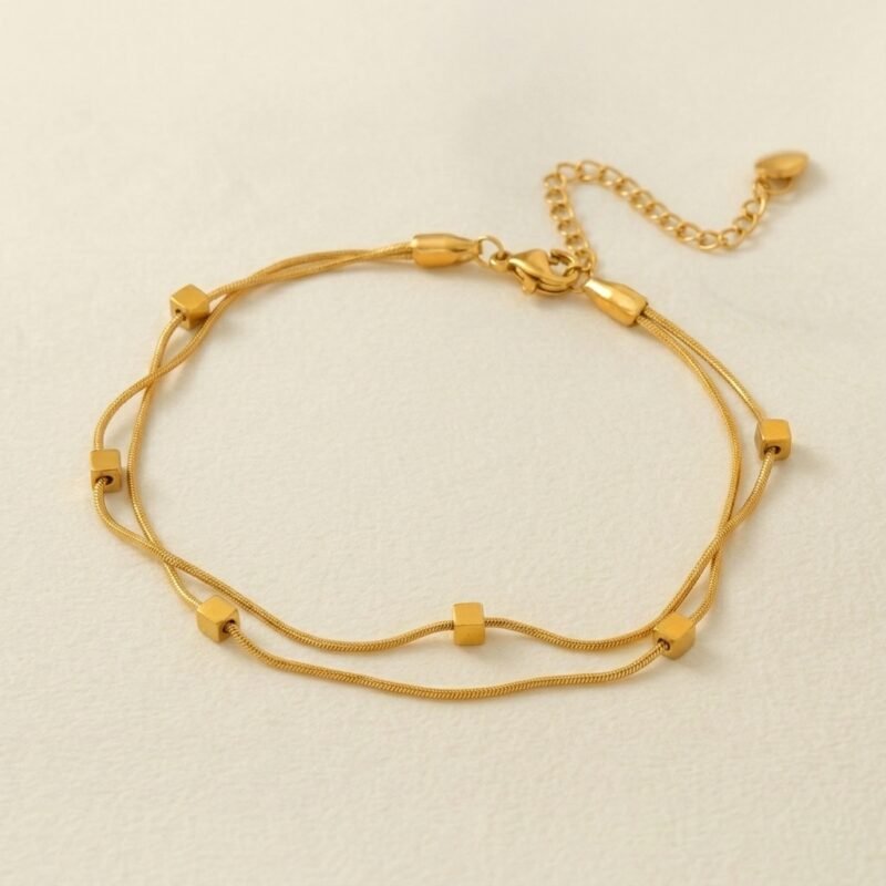 Double-Layer Geometric Cube Anklet – Modern Harmony (2) Double-Layer Geometric Cube Anklet – Modern Harmony