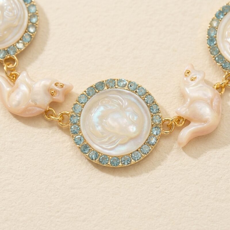 18K Gold Plated Cameo Cat Bracelet - Vintage Enamel