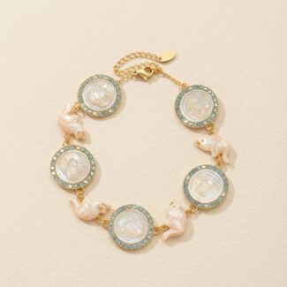 18K Gold Plated Cameo Cat Bracelet - Vintage Enamel