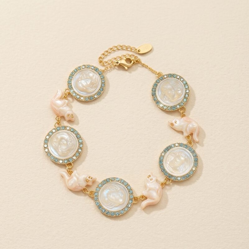18K Gold Plated Cameo Cat Bracelet - Vintage Enamel