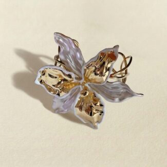 8K Gold Plated Brass — Enamel Iris Flower Statement Cuff