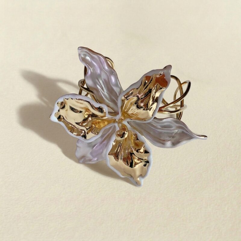 8K Gold Plated Brass — Enamel Iris Flower Statement Cuff