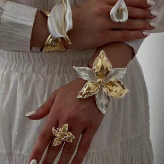 18K Gold Plated Brass — Openwork Bicolor Floral Statement Cuff