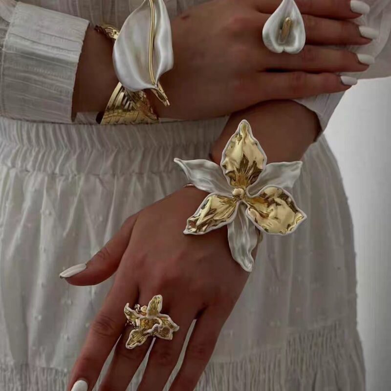 18K Gold Plated Brass — Openwork Bicolor Floral Statement Cuff