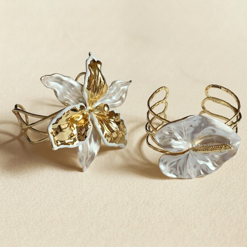 18K Gold Plated Brass — Openwork Bicolor Floral Statement Cuff