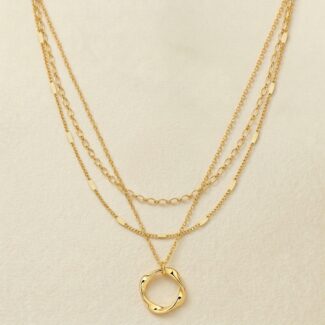 18K Gold Plated Stainless Steel — Three-Layer Layered Molten Ring Necklace