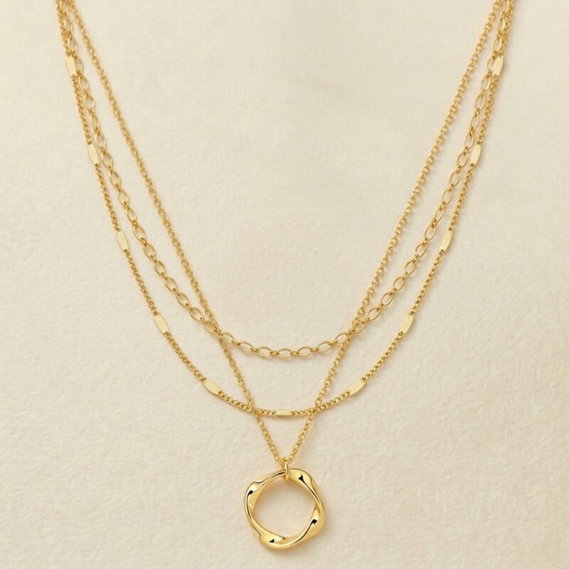 18K Gold Plated Stainless Steel — Three-Layer Layered Molten Ring Necklace