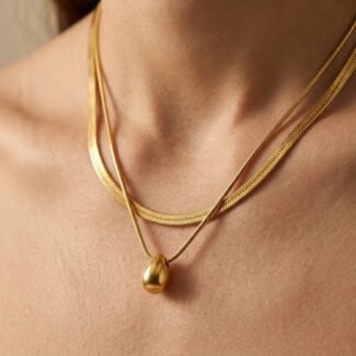 18K Gold Plated — Layered Herringbone Droplet Necklace