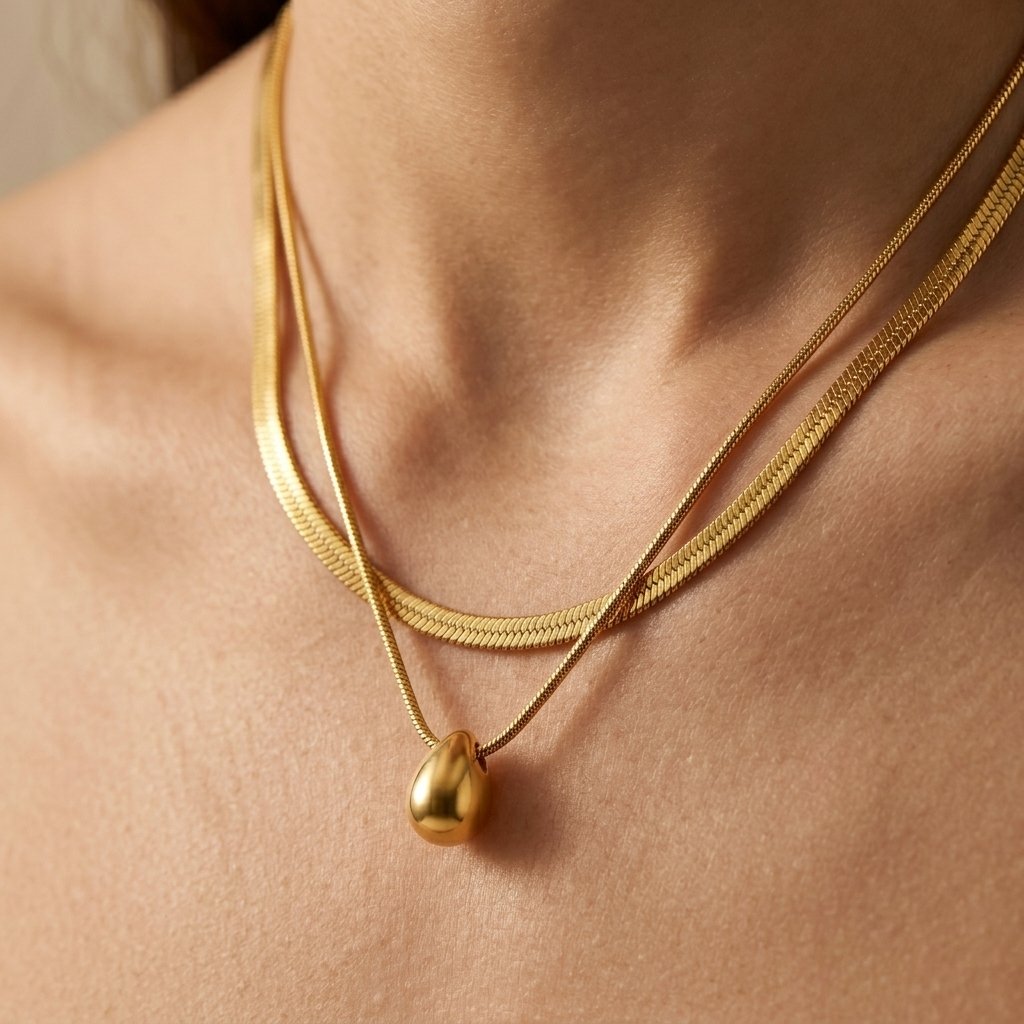 18K Gold Plated — Layered Herringbone Droplet Necklace