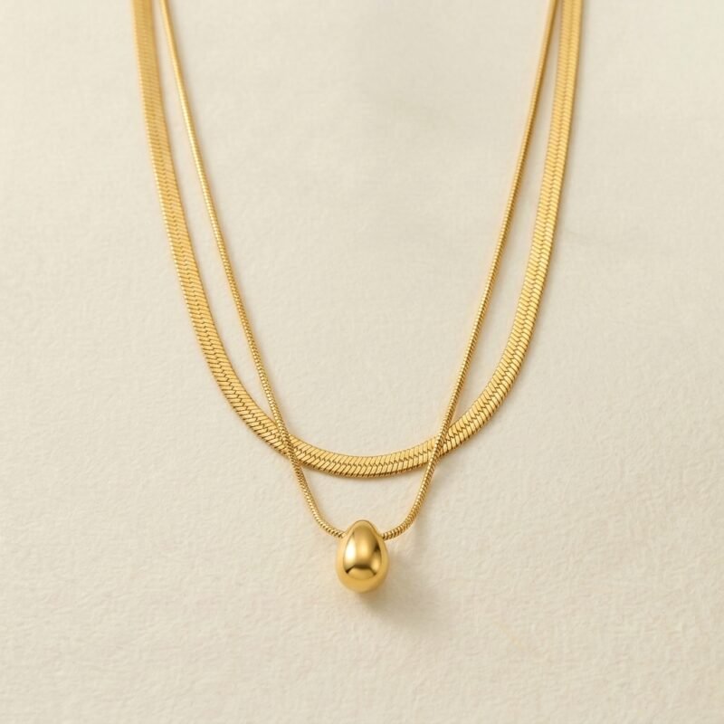 18K Gold Plated — Layered Herringbone Droplet Necklace