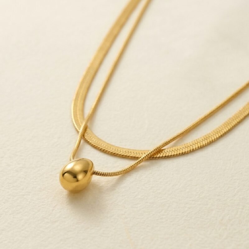 18K Gold Plated — Layered Herringbone Droplet Necklace