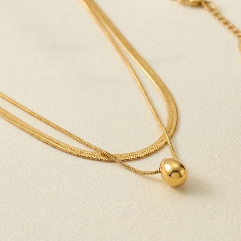 18K Gold Plated — Layered Herringbone Droplet Necklace