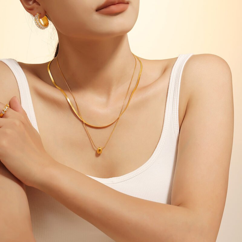 18K Gold Plated — Layered Herringbone Droplet Necklace