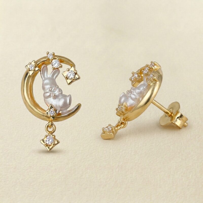 Silver-Plated Post Micro-Set Zircon Moon Rabbit Studs — Painted Moon Sweet Charm