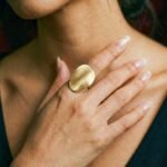 Gold Brushed Oval Statement Ring — Minimalist Sculptural Shield Band
