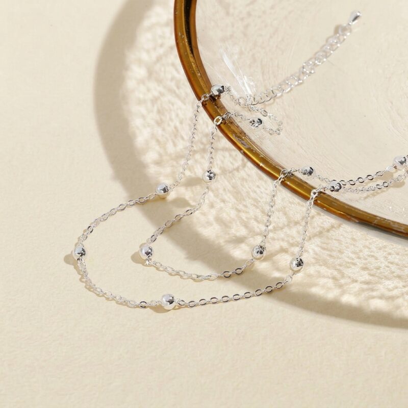 Stainless Steel Anklet — Double-Layered Silver Beaded Beach Anklet