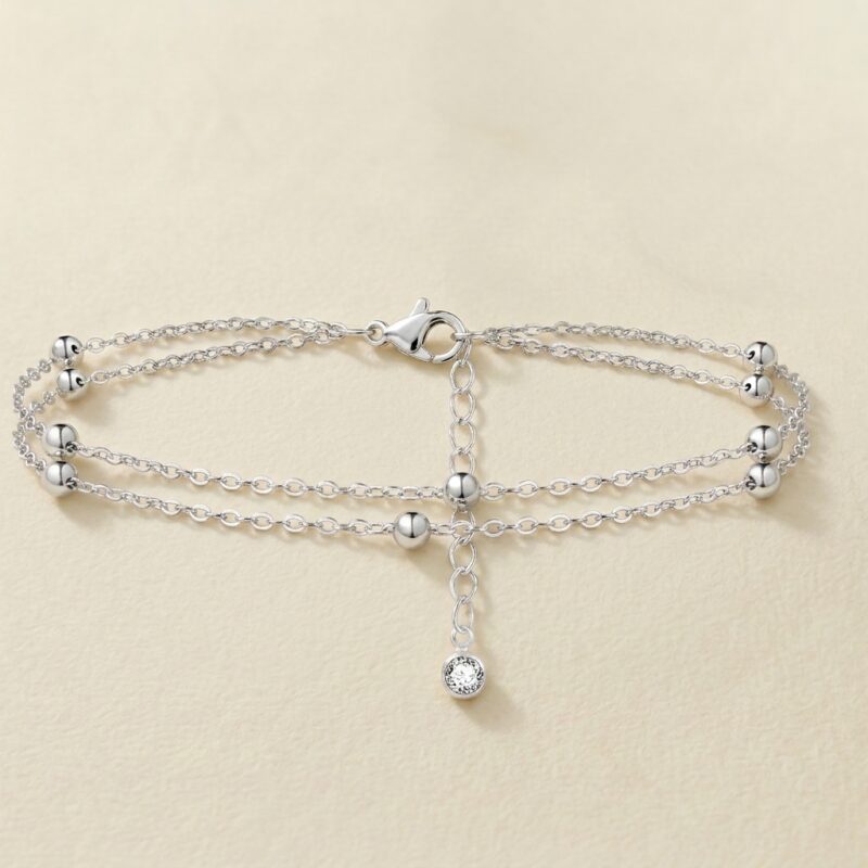 Stainless Steel Anklet — Double-Layered Silver Beaded Beach Anklet