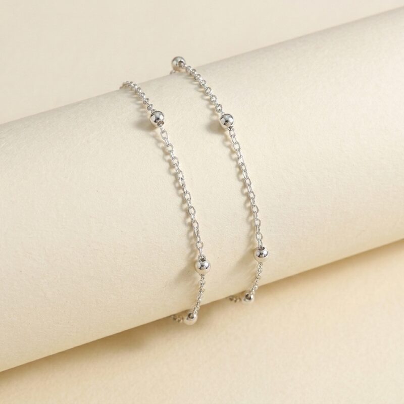 Stainless Steel Anklet — Double-Layered Silver Beaded Beach Anklet