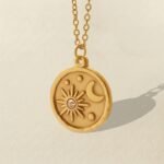 Gold Titanium Celestial Medallion Necklace — Sun Moon Coin Pendant