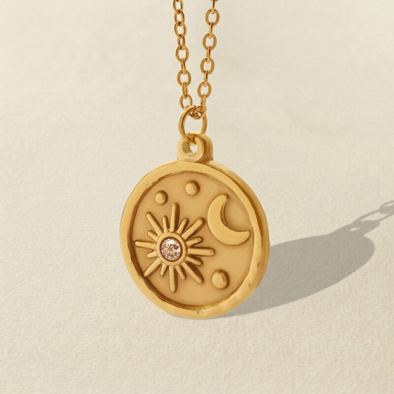 Gold Titanium Celestial Medallion Necklace — Sun Moon Coin Pendant