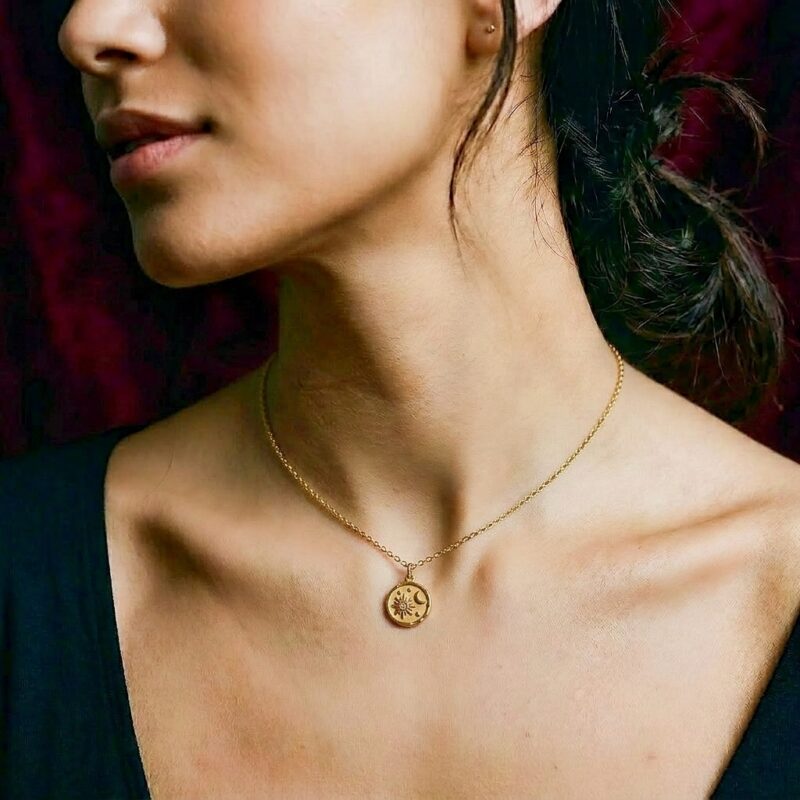 Gold Titanium Celestial Medallion Necklace — Sun Moon Coin Pendant