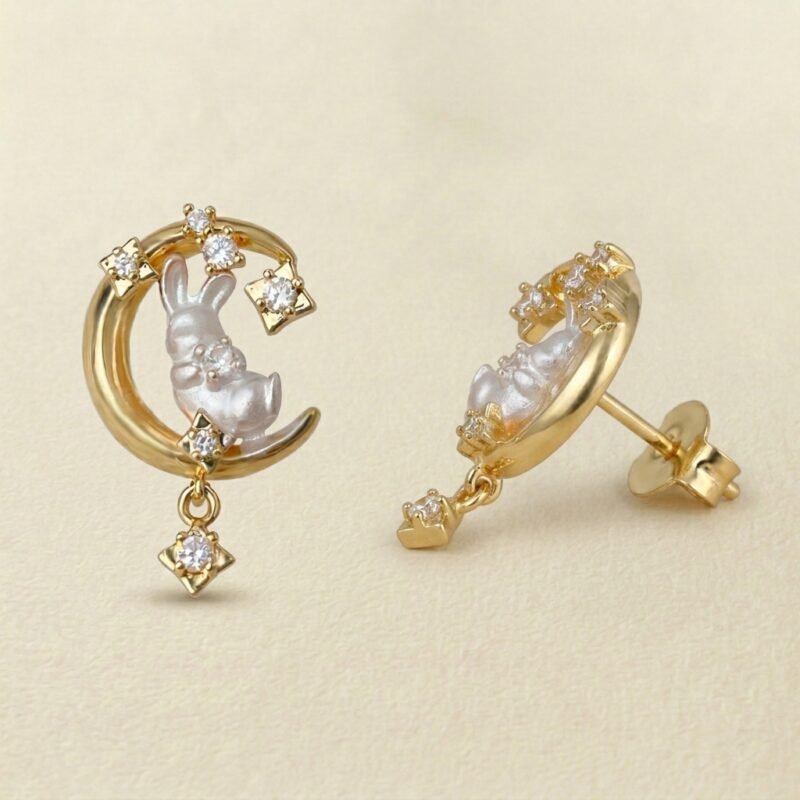 Silver-Plated Post Micro-Set Zircon Moon Rabbit Studs — Painted Moon Sweet Charm Silver-Plated Post Micro-Set Zircon Moon Rabbit Studs — Painted Moon Sweet Charm