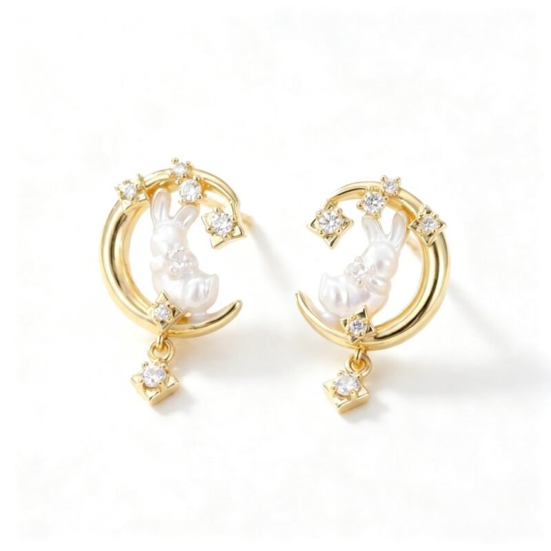 Silver-Plated Post Micro-Set Zircon Moon Rabbit Studs — Painted Moon Sweet Charm Silver-Plated Post Micro-Set Zircon Moon Rabbit Studs — Painted Moon Sweet Charm
