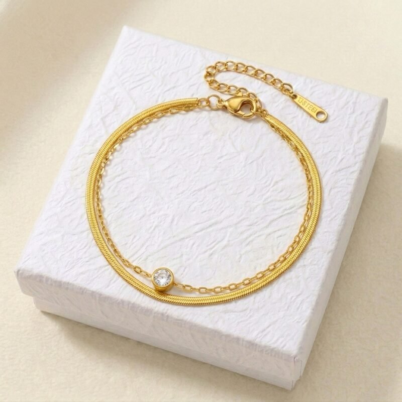 Layered Anklet - Golden Solitaire Radiance (3) Layered Anklet - Golden Solitaire Radiance