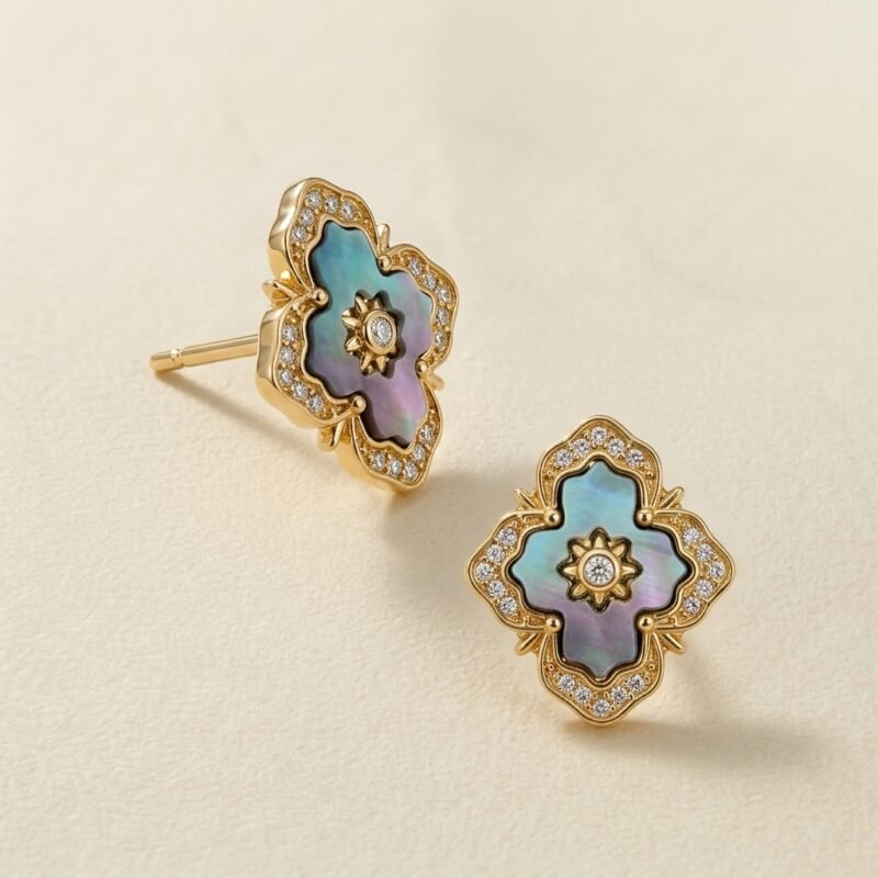 Silver-plated shell zircon studs — French vintage elegance