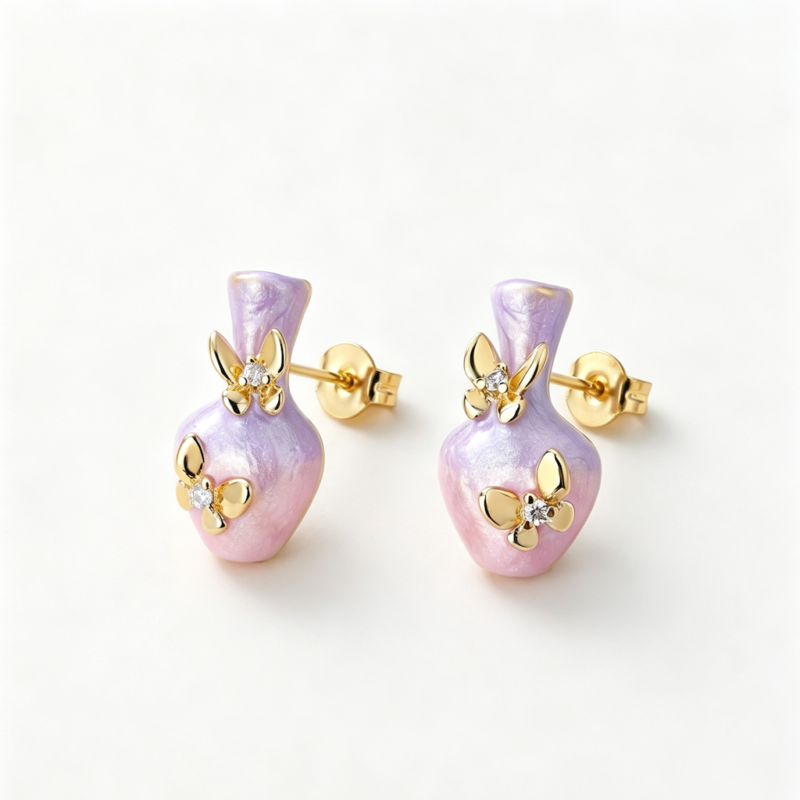 Silver-plated vase butterfly enamel studs — sweet hand-painted charm Silver-plated vase butterfly enamel studs — sweet hand-painted charm