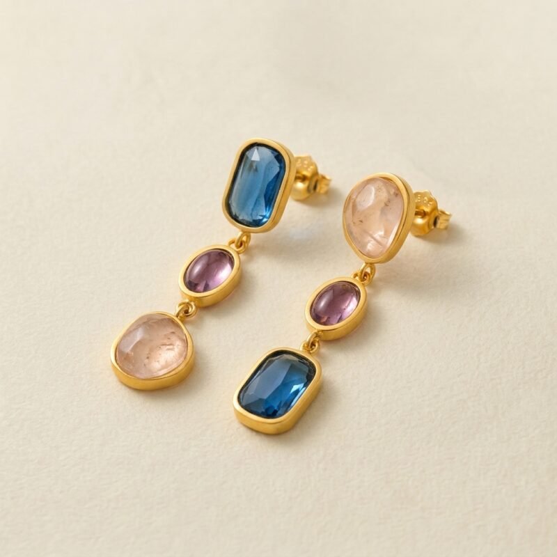 Stainless Steel Asymmetric Gemstone Earrings — Colorful Edgy Forever Shine