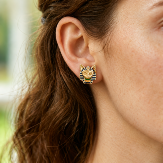 Egyptian Cat Pharaoh 14K Enamel Earrings——Mystic Deity