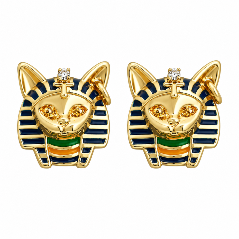 Egyptian Cat Pharaoh 14K Enamel Earrings——Mystic Deity Egyptian Cat Pharaoh 14K Enamel Earrings——Mystic Deity